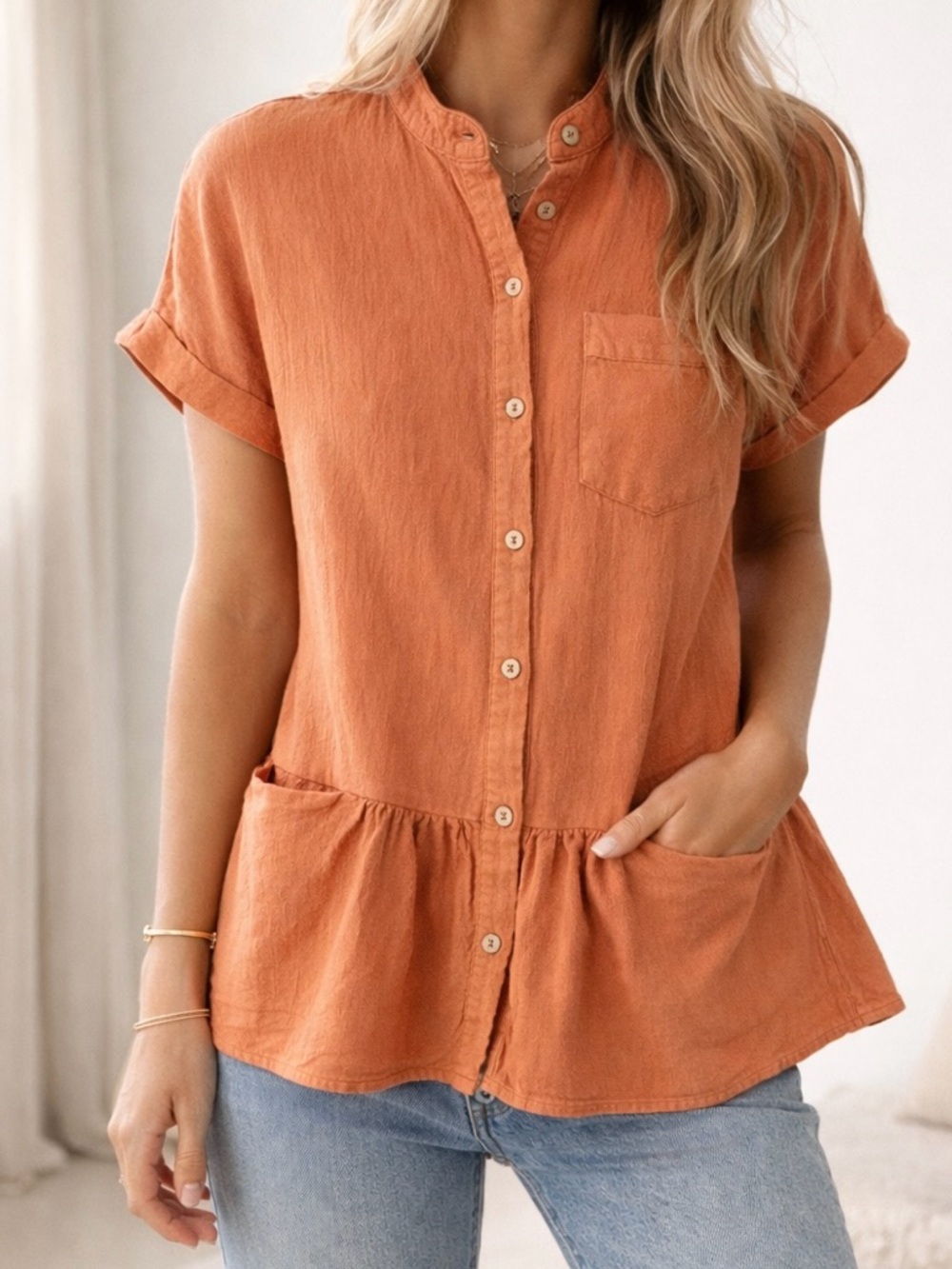 POLAGRAM 100% cotton button front top modest boho minimalist